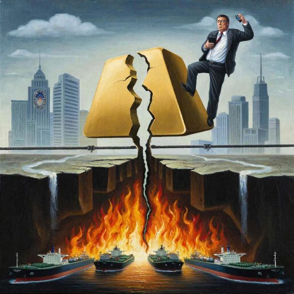 расколотый золотой слиток, трейдер на канате, ФРС, горящий Ормузский пролив