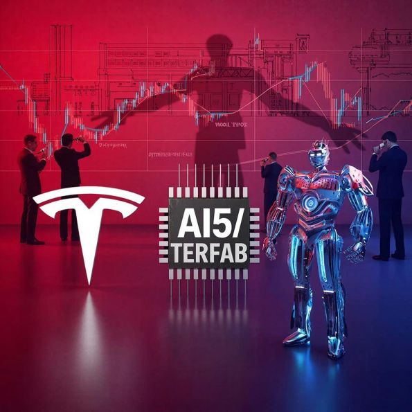 логотип Tesla, трансформирующийся в робота, чертеж TeraFab, инвесторы с подзорными трубами