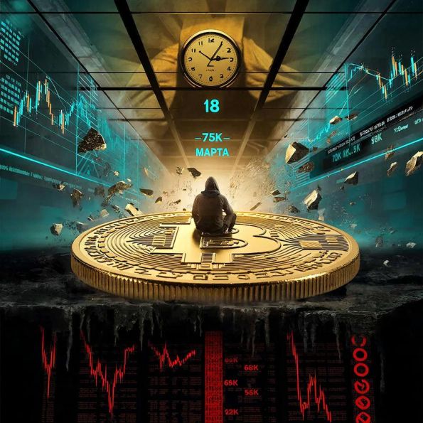 монета биткоина пробивает стеклянный потолок, трейдер на монете, тень ФРС. Вставить URL из промта