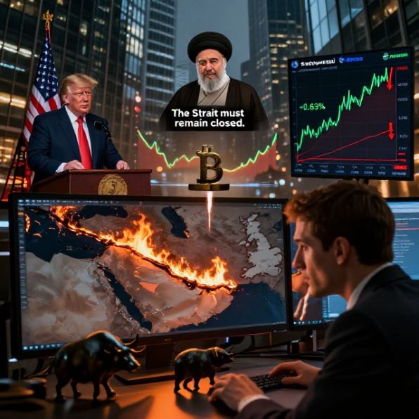 карта Ближнего Востока, горящий Ормузский пролив, Трамп, графики Мосбиржи и биткоина.